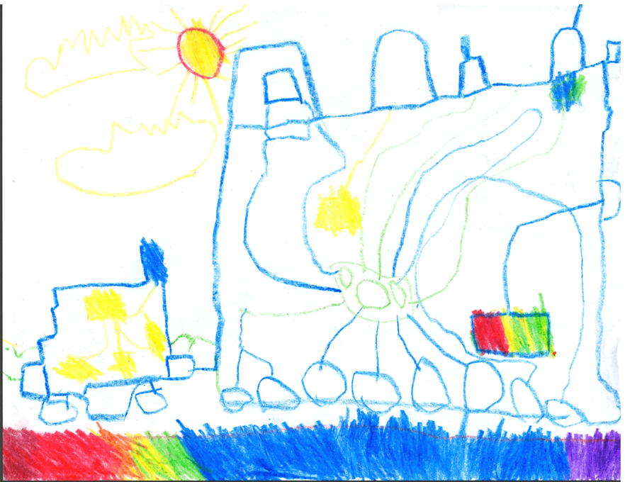 Crayon picture of a rainbow-colored train by a five-year-old