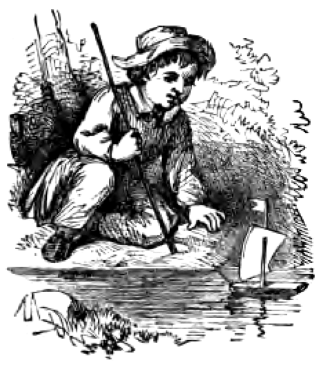 A boy sailing a small toy boat in a lake (engraving from 1859)