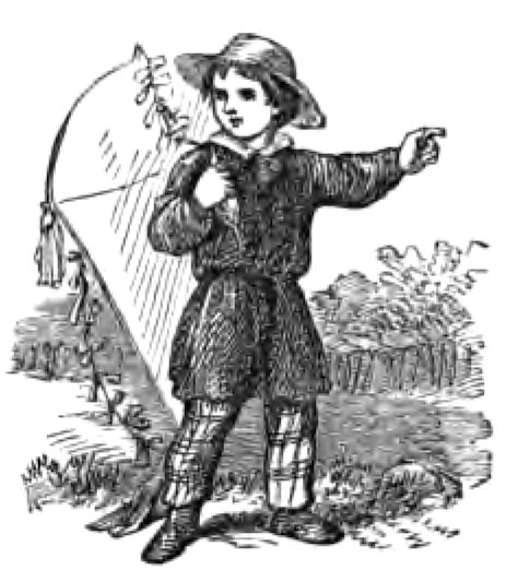 A boy carrying a kite and pointing (engraving from 1859)