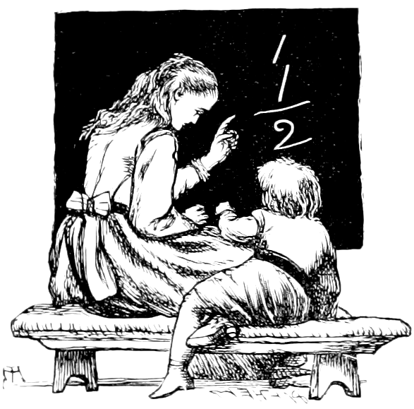 A woman teaching a young boy that 1+1=2 (engraving from 1893)