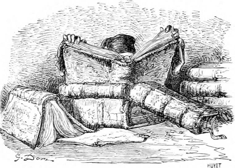 A person reading behind a pile of books (engraving from 1861)