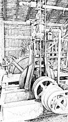 Recording of a vertical stationary steam engine, edited in the style of an engraving